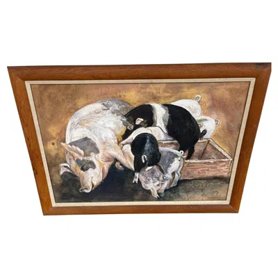 Pre-owned 1stdibs Signed Pig Farm Oil Painting Sharon Butler In Brown