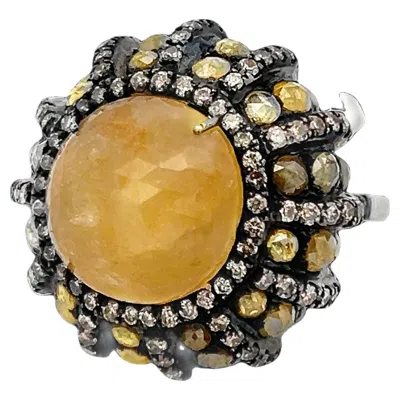 Pre-owned 1stdibs Silver Champagne And Yellow Diamond Ring With Raw Yellow Sapphire