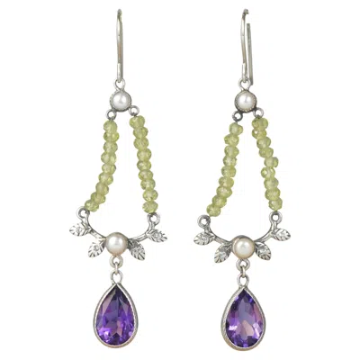 Pre-owned 1stdibs Silver925 Natural Pearl Amethyst Peridot Bead Diamond Earrings In Purple