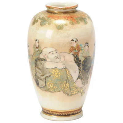 Pre-owned 1stdibs Small Antique Beautiful Dozan Japanese Satsuma Vase With Hotei Karako In Sand