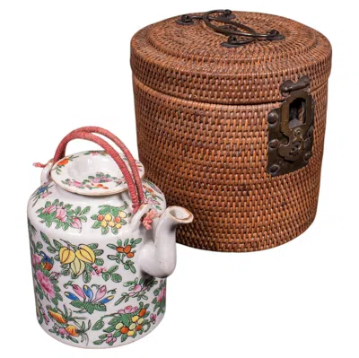 Pre-owned 1stdibs Small Antique Decorative Teapot, Oriental, Ceramic Chá Pot, Wicker Case, C.1920 In Brown