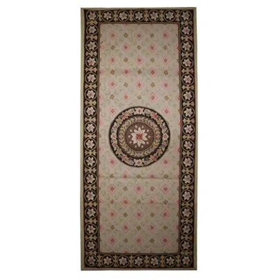 Pre-owned 1stdibs Small Wool Needlepoint Runner Rug Handwoven Traditional Floral Area Rug In Brown