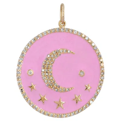 Pre-owned 1stdibs Solid 14k Yellow Gold Disc Pendant Natural Diamond Moon Star Enamel Fine Jewelry