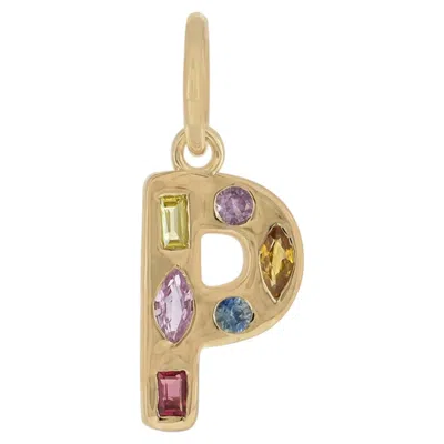 Pre-owned 1stdibs Solid 14k Yellow Gold Natural Multi-sapphire P Letter Charm Initial Fine Jewelry