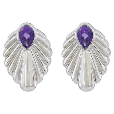 Pre-owned 1stdibs Solid 18k White Gold Stud Natural Amethyst Gemstone Sea Shell Earrings Jewelry