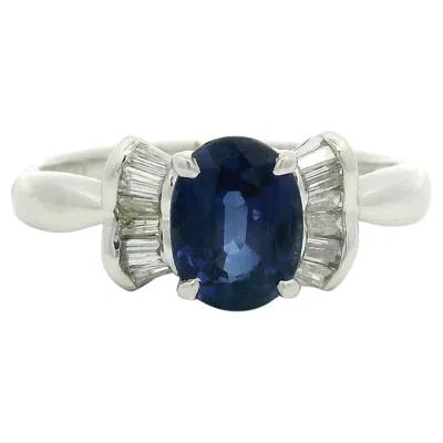 Pre-owned 1stdibs Solid Platinum 1.57ctw Oval Sapphire W/ Baguette Diamond Sides Bow Style Ring In Blue