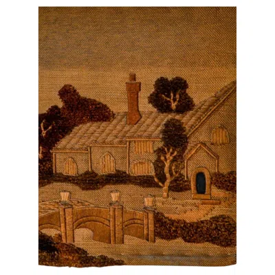 Pre-owned 1stdibs Spanish 1970s Folk Art Wool Tapestry – English Cottage Landscape In Brown