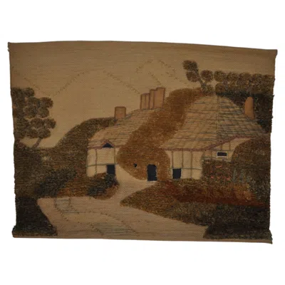 Pre-owned 1stdibs Spanish 1970s Folk Art Wool Tapestry – English Thatched Cottage Landscape In Brown