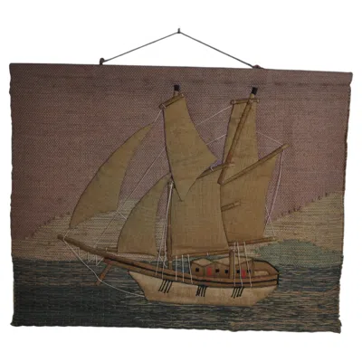 Pre-owned 1stdibs Spanish 1970s Folk Art Wool Tapestry – Sailing Dhow At Sunset In Brown