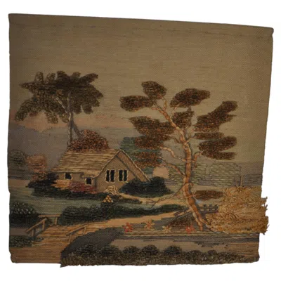 Pre-owned 1stdibs Spanish 1970s Folk Art Wool Tapestry – Thatched English Cottage & Tree Landscape In Brown