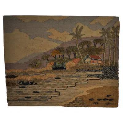 Pre-owned 1stdibs Spanish 1970s Folk Art Wool Tapestry – Tropical Cottage Landscape In Brown