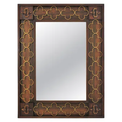 Pre-owned 1stdibs Spanish Colonial Rectangular Mirror In Wood And Gilt Iron Rosettes, 1950s In Brown