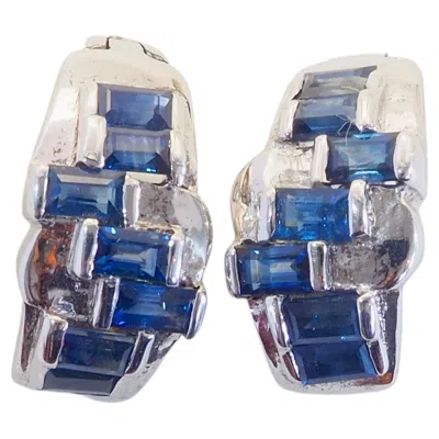 Pre-owned 1stdibs Sterling Silver 2.60ct Baguette Blue Sapphire Geometric Omega Back Earrings