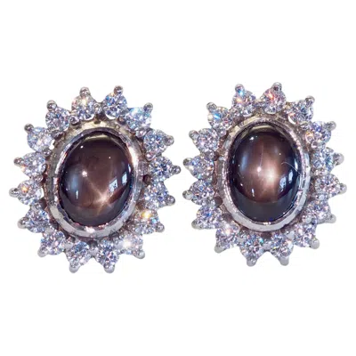 Pre-owned 1stdibs Sterling Silver 4.24ct Black Star Sapphire & Quartz Fine Halo Stud Earrings In Blue
