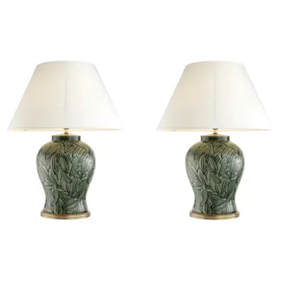Pre-owned 1stdibs Table Lamps, Green Ceramic With An Antique Brass Finish, Jungle Botanical Style.