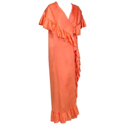 Pre-owned 1stdibs Tangerine Satin Sleeveless Wrapping Full-length Open Coat Dress –o/s, 1960s In Orange