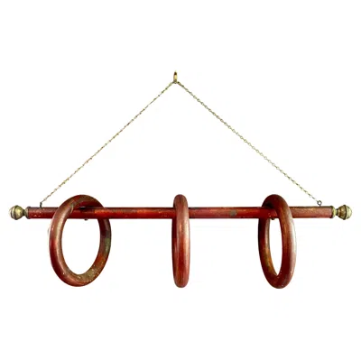 Pre-owned 1stdibs Three Ring Wood & Brass Hanging Towel Rack In Brown
