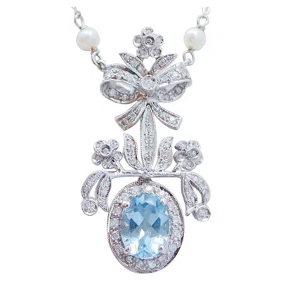 Pre-owned 1stdibs Topaz, Diamonds, Pearls, White Gold Pendant Necklace.