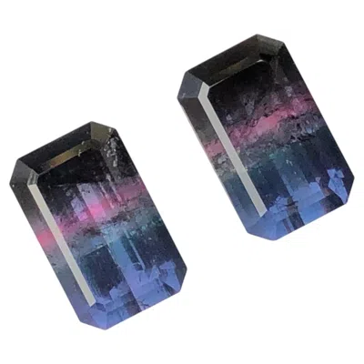 Pre-owned 1stdibs Tricolor Natural Tourmaline 12.45ct Emerald Cut Loose Gemstone Pair For Earrings In Green