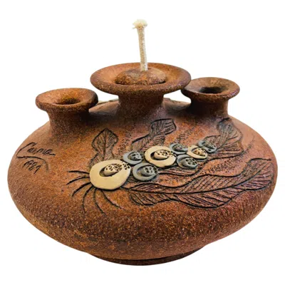 Pre-owned 1stdibs Triple Neck Studio Pottery Oil Lamp Vase By Carma, 1984 In Brown