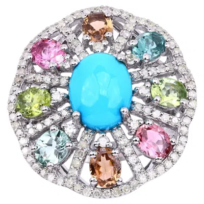 Pre-owned 1stdibs Turquoise Ring With Multicolor Tourmaline 6.1 Carats Sterling Silver