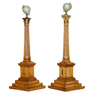 Pre-owned 1stdibs Unique Pair Of Antique John Stone's Miniature Globes On Corinthian Pilled Bases In Brown