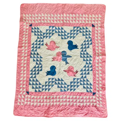 Pre-owned 1stdibs Unique Vintage 1930s Bluebirds & Pink Doves Elaborate Patchwork Crib Quilt