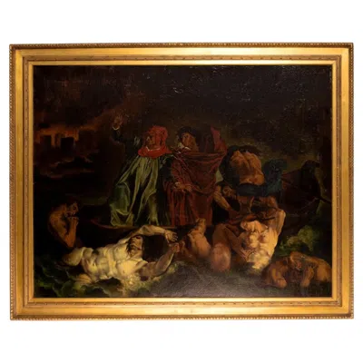 Pre-owned 1stdibs Very Large Oil Painting After Eugène Delacroix, The Barque Of Dante, Gilt Frame In Brown