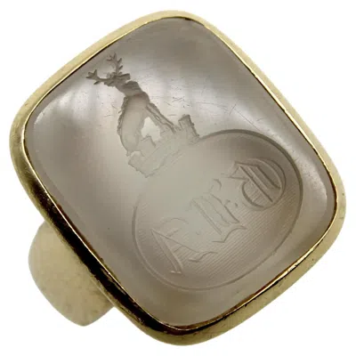 Pre-owned 1stdibs Victorian 14k Gold Family Crest Intaglio Ring Of Stag In Quartz Stone In Multi