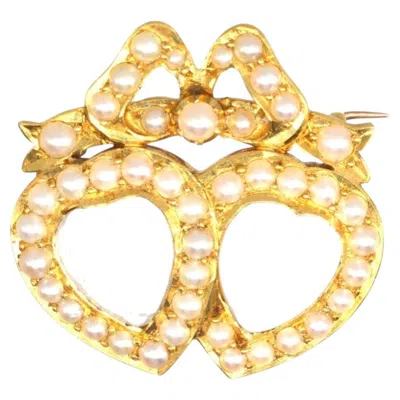 Pre-owned 1stdibs Victorian 15ct Gold Moonstone & Split Pearl Double-heart Brooch In Multi