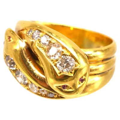 Pre-owned 1stdibs Victorian 18ct Gold Double Snake Ring Set With Diamonds And Ruby Eyes In Multi
