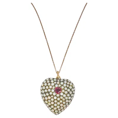 Pre-owned 1stdibs Victorian 18k Gold Silver Ruby Pearls Heart Shaped Pendant Necklace In Multi