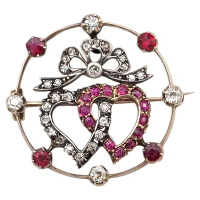 Pre-owned 1stdibs Victorian Double Heart Sweetheart Ruby Diamond Brooch In 9k Rose Gold In Red