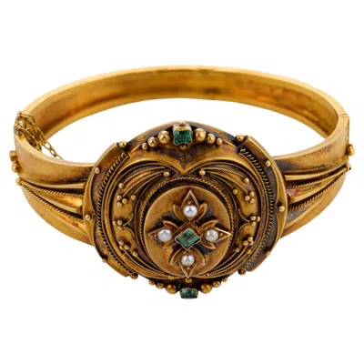 Pre-owned 1stdibs Victorian Emerald Pearl 18k Yellow Gold Bangle