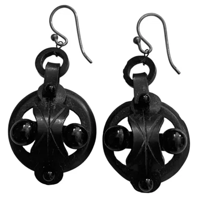 Pre-owned 1stdibs Victorian Gothic Revival Vulcanite Drop Earrings With Polished Accent Beads In Multi