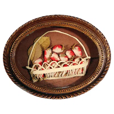 Pre-owned 1stdibs Victorian Raised Fabric & Cut-paper Picture Of A Basket Of Strawberries In Brown