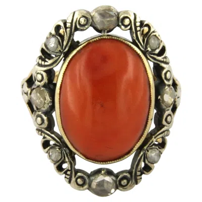 Pre-owned 1stdibs Victorian Ring With Coral En Rose Cut Diamonds Up To 0.25ct 14k Gold And Silver In Red