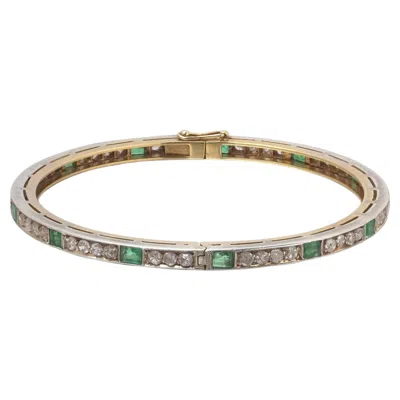 Pre-owned 1stdibs Victorian Silver-topped 18kt Gold Emerald And Rose-cut Diamond Bangle In Green