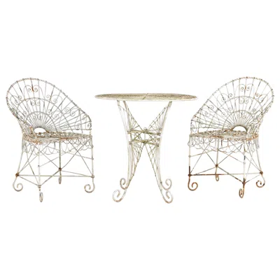 Pre-owned 1stdibs Victorian Style White Wirework Pair Of Chairs And Cafe Table, France 1960