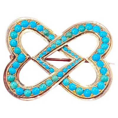 Pre-owned 1stdibs Victorian Turquoise 15ct Gold Double Heart Lover's Knot Brooch, Circa 1880's In Multi