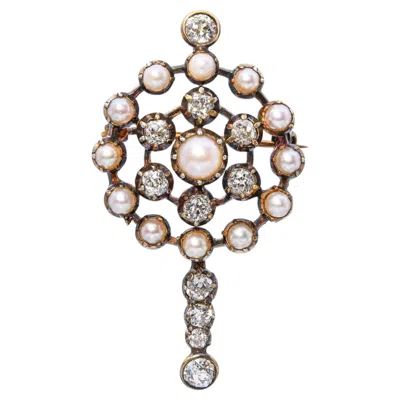 Pre-owned 1stdibs Victorian Yellow Gold And Silver 1.79ctw Old Mine Cut Diamond & Pearl Brooch