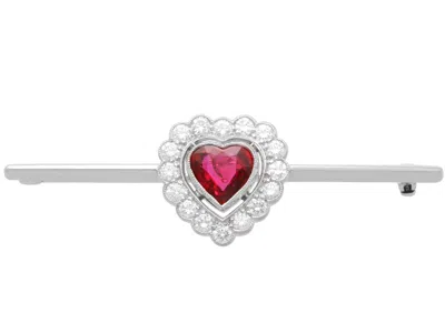 Pre-owned 1stdibs Vintage 1.15 Carat Ruby 0.80 Carat Diamond, 18k White Gold Heart Bar Brooch 1968