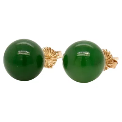 Pre-owned 1stdibs Vintage 14k Gold & 10mm Green Nephrite Jade Bead Earrings