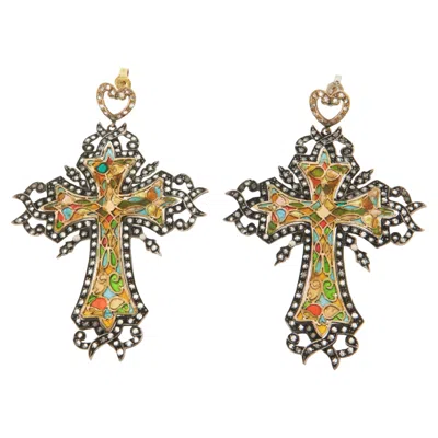 Pre-owned 1stdibs Vintage 14k Yellow Gold & Silver Drop Cross Earrings With Diamond And Enamel