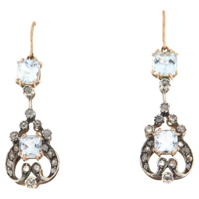 Pre-owned 1stdibs Vintage 14k Yellow Gold & Silver Natural Diamond And Aquamarine Drop Earrings