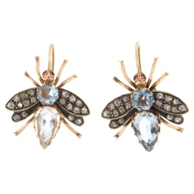 Pre-owned 1stdibs Vintage 14k Yellow Gold & Silver With Natural Diamond & Aquamarine Drop Earrings