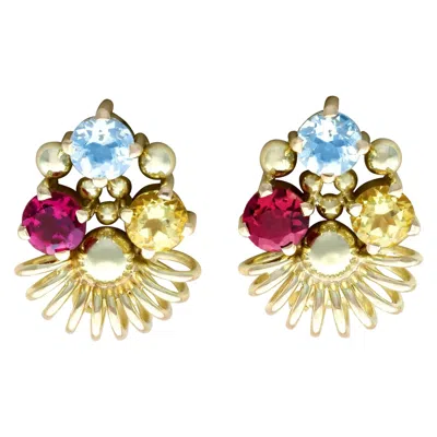 Pre-owned 1stdibs Vintage 14k Yellow Gold Aquamarine Garnet Citrine Clip-on Earrings