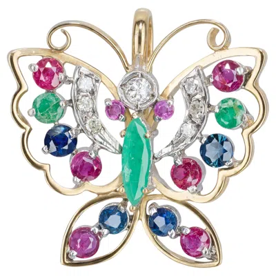 Pre-owned 1stdibs Vintage 14k Yellow Gold Diamond Sapphire Ruby And Emerald Butterfly Pendant