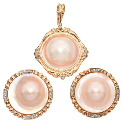 Pre-owned 1stdibs Vintage 14k Yellow Gold Mother Of Pearl And Diamond Jewelry Set