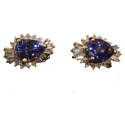 Pre-owned 1stdibs Vintage 14k Yellow Gold Pear Tanzanite + Diamond Halo Stud Earrings